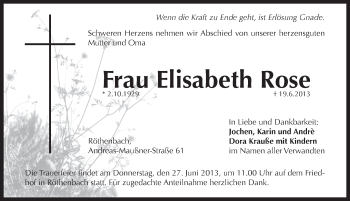 Traueranzeige von Elisabeth Rose von Pegnitz-Zeitung